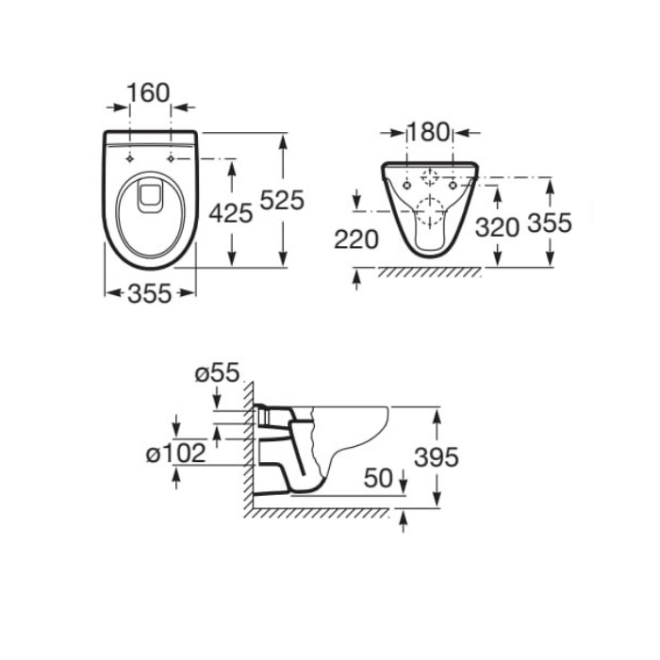 Технички цртеж за конзолна WC школка Roca